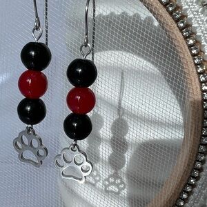 RED & Black Beaded Dangle Earrings with Paw Charms